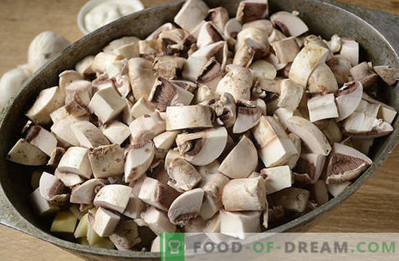 Patatas con champiñones en el horno con crema agria - un plato aromático y nutritivo. Receta fotográfica paso a paso del autor de papas al horno con champiñones