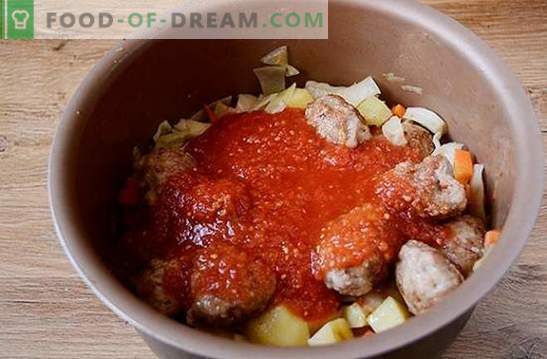 Rastlinska omaka z mesnimi kroglicami v počasnem štedilniku: krepka in lepa jed. Avtorjev fotografski recept za kuhanje v pripravku za pripravo zelenjave