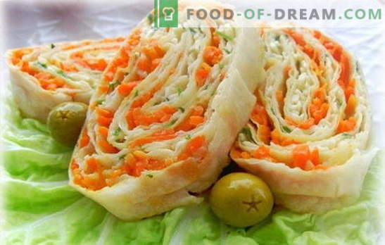 Lavash roll s korejskim korenjem - preprosta, okusna, zdrava. Različice nadevov za kruhke pita z korejskimi korenčki