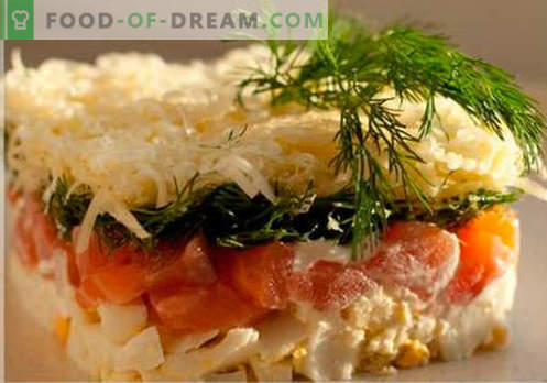 Solata s slojem lososa - pravi recepti. Hitro in okusno kuhano solato v slojih z lososom.