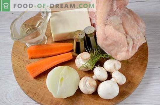 Gobova juha s piščancem in topljenim sirom: lepa in zdrava prva vrsta. Foto-recept za juho s piščancem in topljenim sirom: korak za korakom